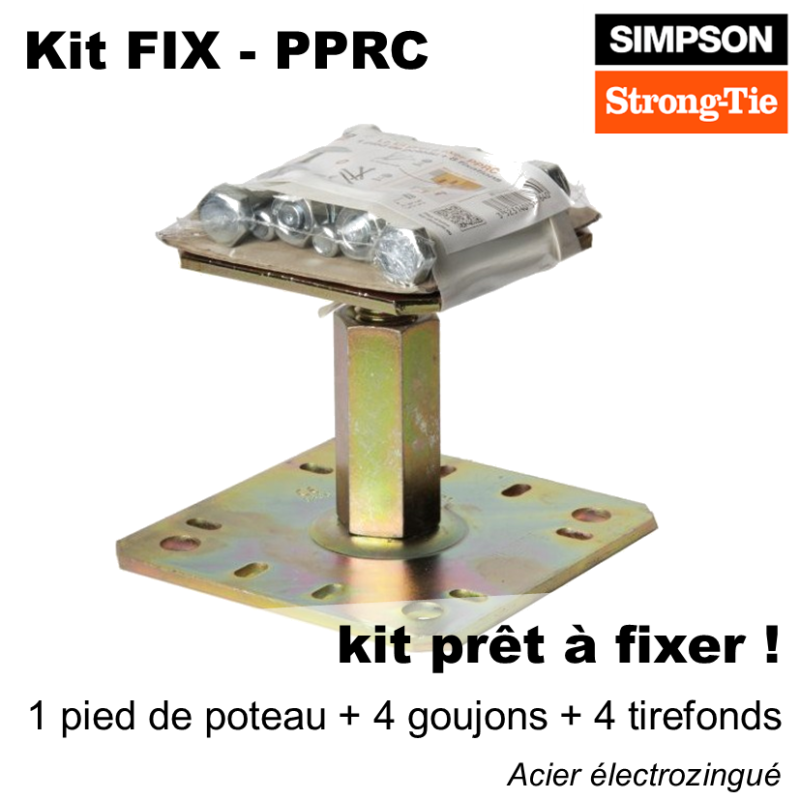 Kit FIX PPRC pied de poteau réglable goujons tirefonds en acier  électrozingué
