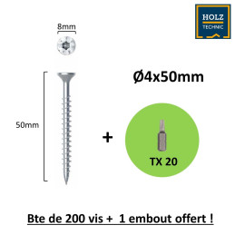 Vis bois Tête fraisée (torx) 4x40mm EZ pour Intérieur - Boîte de 200 - embout offert| Central Bois