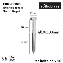Tirefond tête hexagonale - acier Electro Zingué - Ø10 x 100mm -