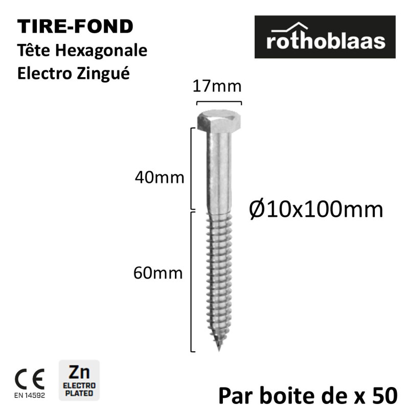Tirefond tête hexagonale - acier Electro Zingué - Ø10 x 100mm -