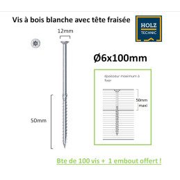 Vis bois Tête fraisée (torx) 6x100mm EZ pour Intérieur - Boîte de 100 - embout offert | Central Bois